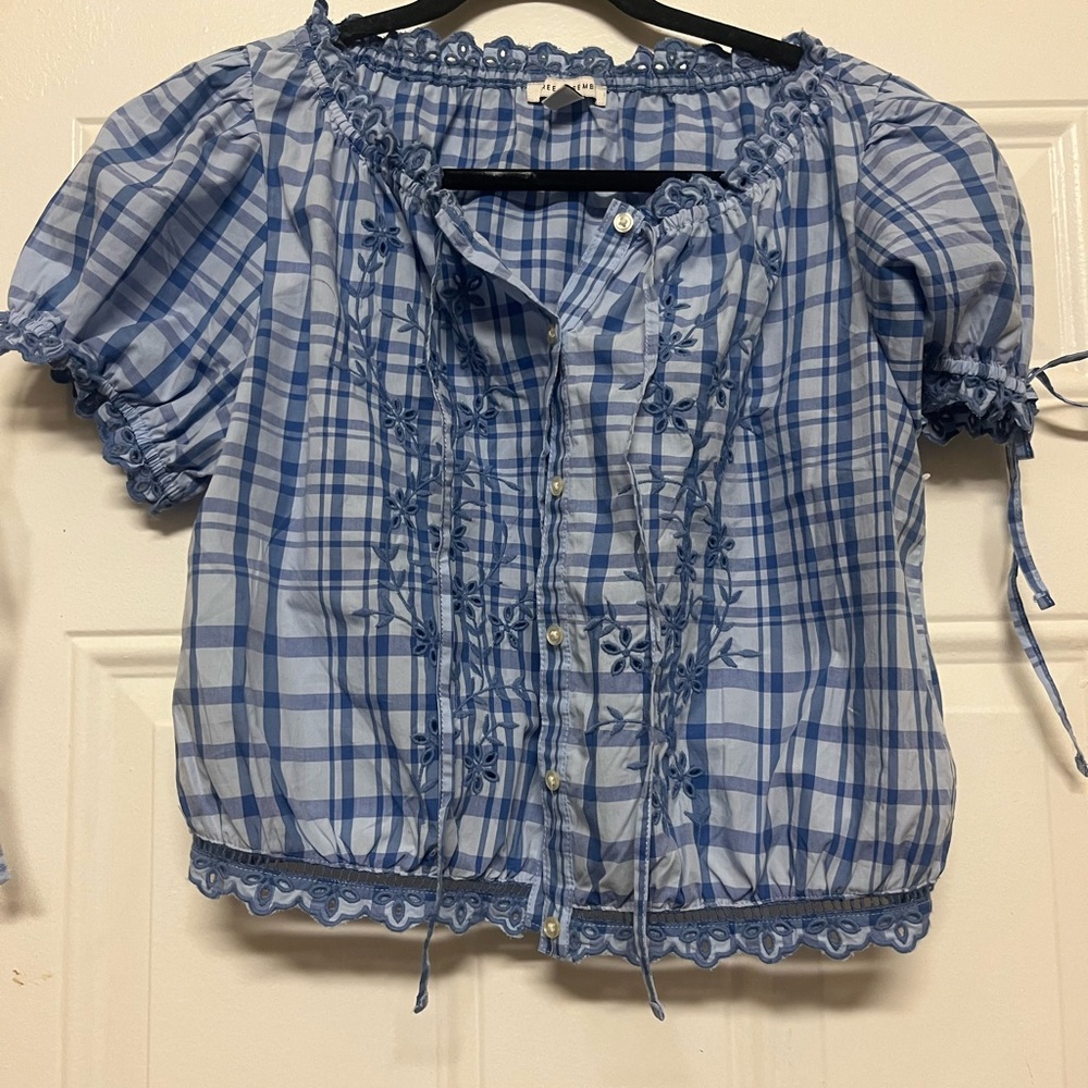 Light Blue Plaid Embroidered Peasant Top
